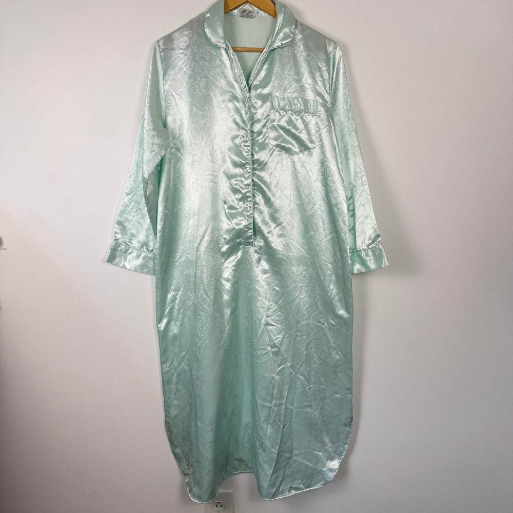 Vintage Kathryn Nightgown Women Medium Mint Green Floral Satin Brushed Interior